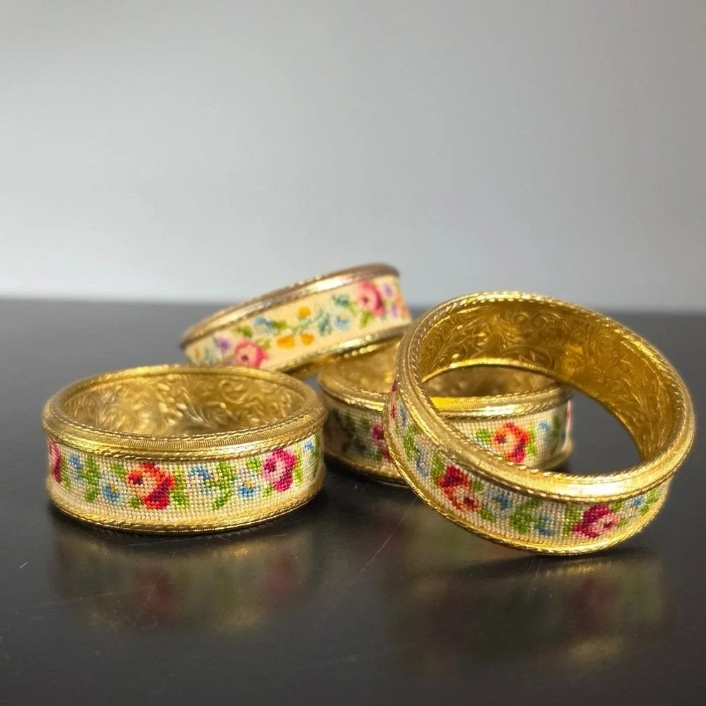 Vintage Petit Point Floral Napkin Rings Set of 4 Gold Tone Engraved Metal Rose